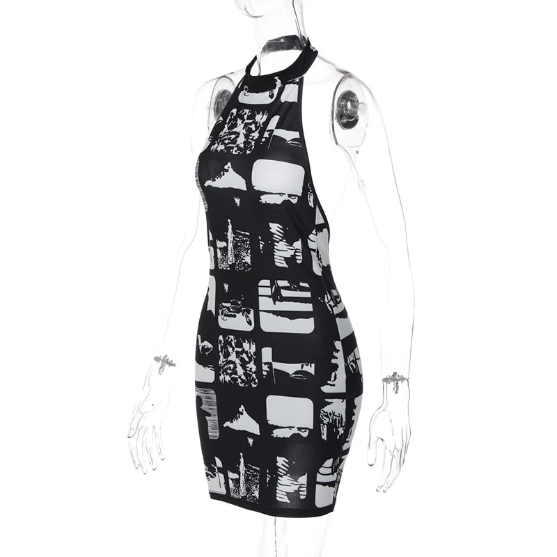 Vintage Print Halter Bodycon Mini Dress | Y2K Streetwear