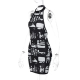 Vintage Print Halter Bodycon Mini Dress | Y2K Streetwear