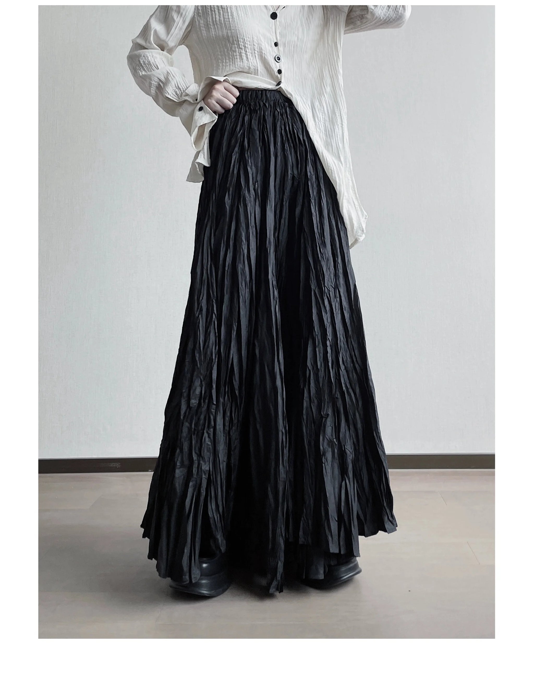 UMI MAO Irregular Fold Maxi Skirt – Elegant A-Line