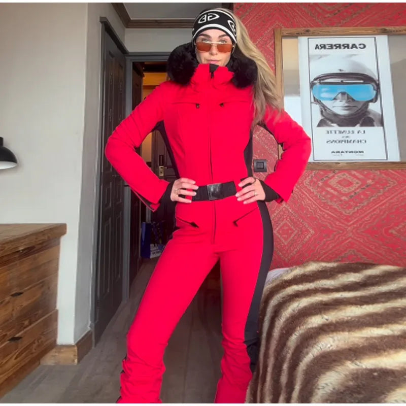 Elegant Faux Fur Hooded Women's Ski Jumpsuit