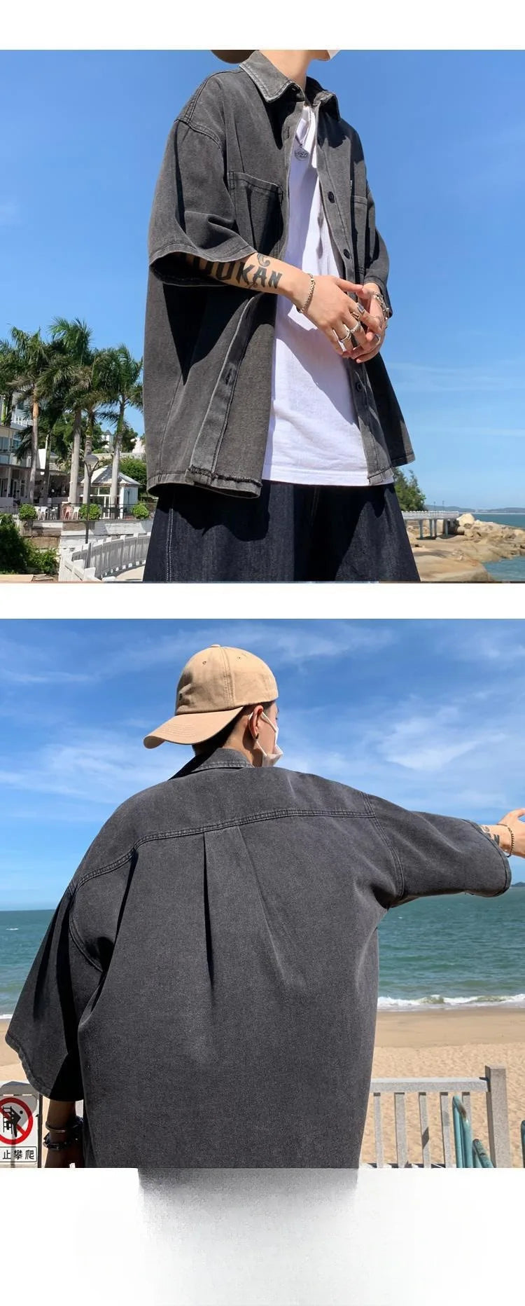 Men's Loose Fit Short Sleeve Denim Shirt Thin Summer Fashion Hong Kong Style Seven Sleeve Outerwear Trendy Casual Shirt