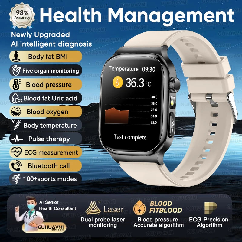 2026 New Accurate Measurement Health Smart Watch ECG+PPG Uric Acid Blood Pressure Blood Lipids BT Call Smartwatchs For Men Women