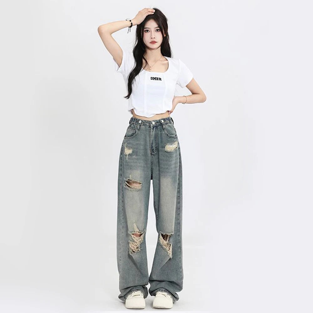 American Retro Hole-Punched Wide Leg Jeans for Women