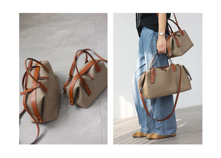 Women's Nylon With Genuine Leather Zipper Tote Lightweight Soft Travling Bags Versatile Style Handbag Different Colors And Size