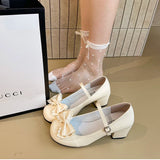 Cute Butterfly-knot Women Lolita Mary Jane Shoes Concise Thick Heel Leather Shoes Ladies Shallow Pumps