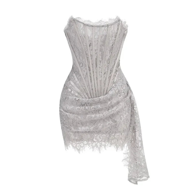 Strapless Lace Mini Dress – Elegant Sheer Patchwork Slim Fit Evening Dress