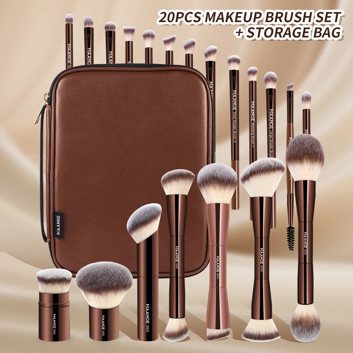 MAANGE Pro Makeup Brush Kit 20pcs Brushes with Storage Bag Dual End Foundation Powder Blush Eyeshadow Brush Beauty Blending Kit