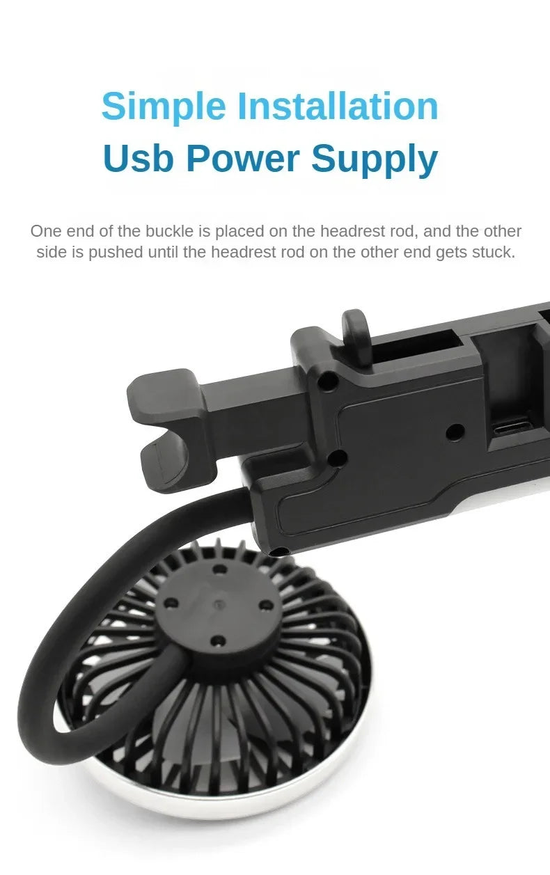 360° Dual Head Car Seat Fan with LED & 3-Speed Control