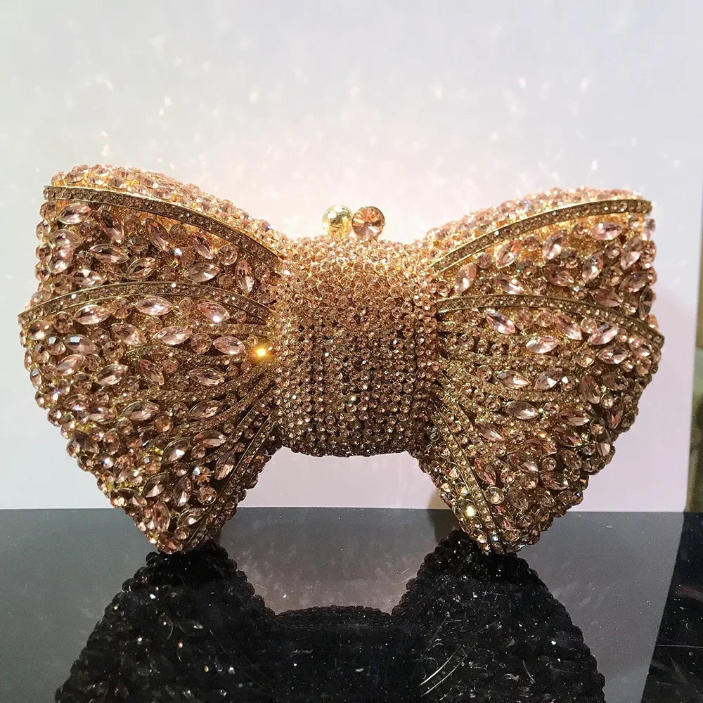 Elegant Rhinestone Bowtie Evening Bag Fashionable Luxurious Banquet Crystal Clutch Personalized Handbag Unique Diamond Party Bag