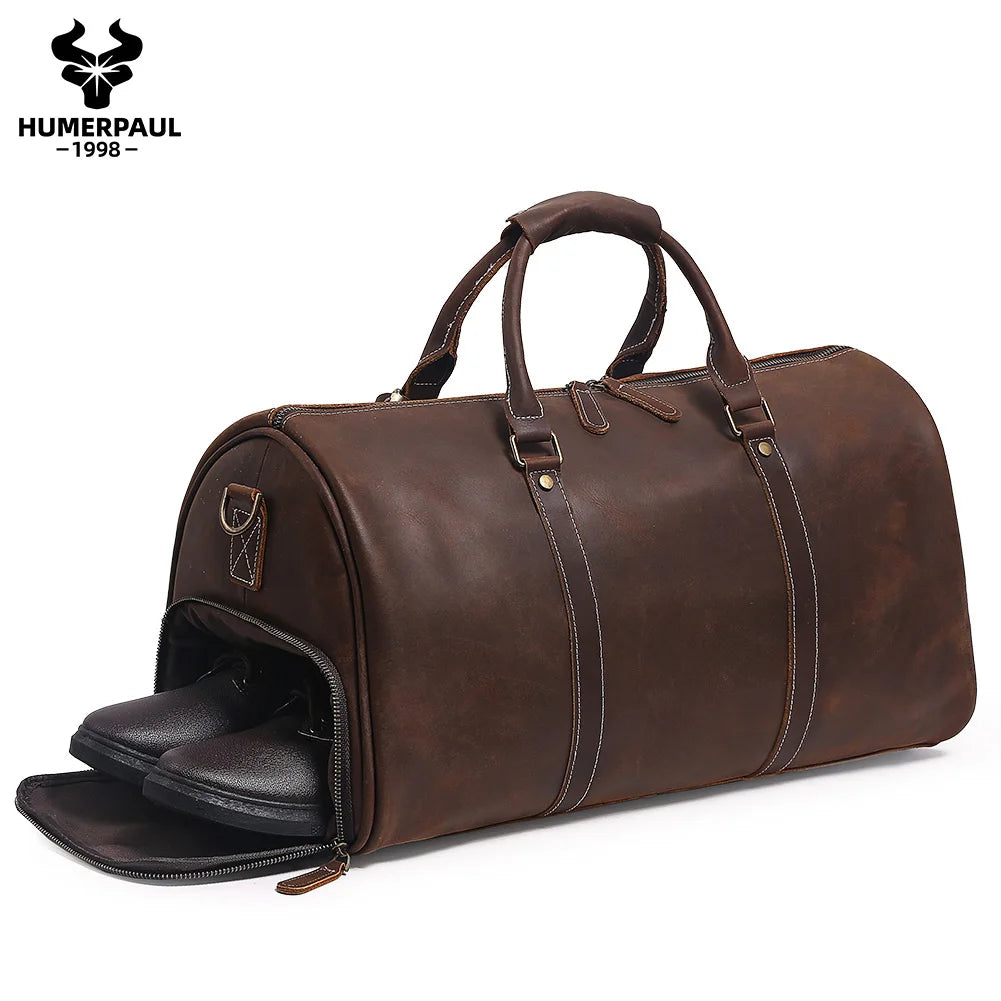 Men's Crazy Horse Leather Duffle Bag Large Capacity Travel Luggage Bag Fits 15'' Laptop & Shoes Durable Totes Bags for Business