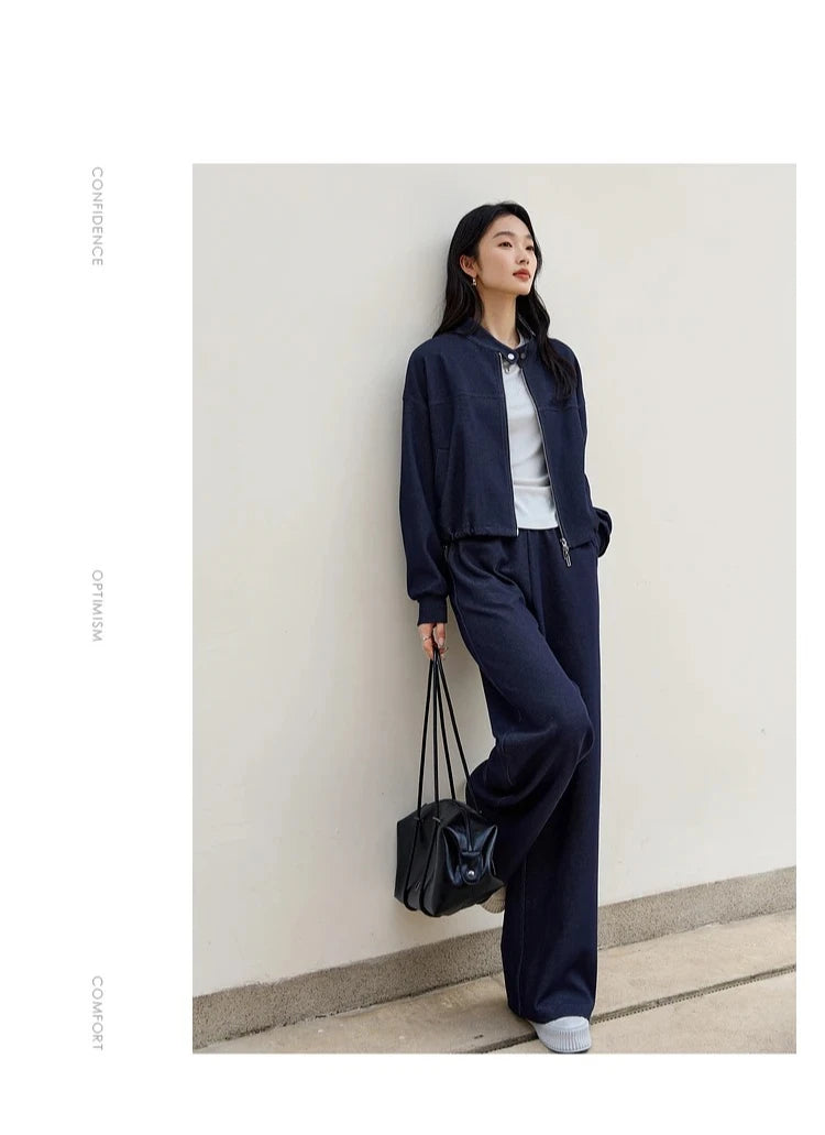 VIMLY 2 Piece Pant Set Woman Casual Outfits Women's Pant Suit 2026 Blue Stand-up Collar Jacket and Trouser Female Clothing A0119