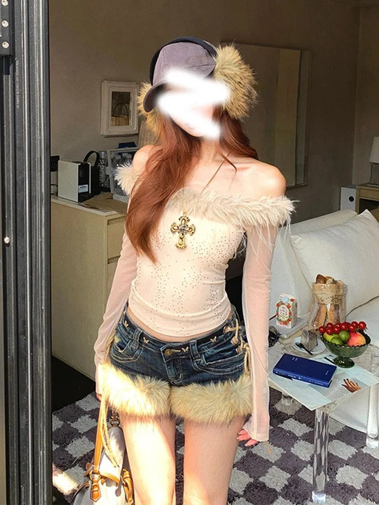 Retro Y2k Low-Rise Denim Shorts – Winter Fluffy Feather Splicing Slim Hot Pants