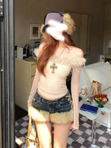 Retro Y2k Low-Rise Denim Shorts – Winter Fluffy Feather Splicing Slim Hot Pants