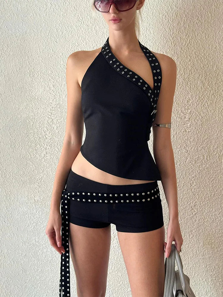 Nibber Sexy Hollow 3-Piece Set Women Hollow Biased Collar Backless Vests+Rivet Waistband+Simple Solid Shorts Slim Midnight Suits