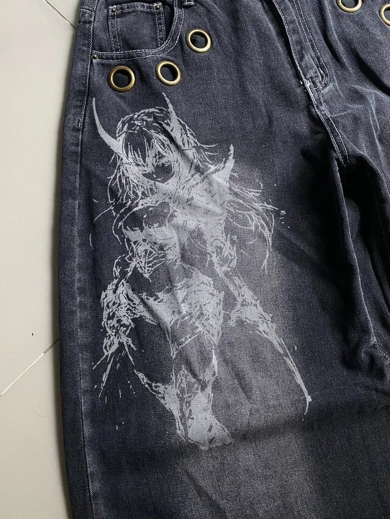 Men's Y2K Oversized Wide-Leg Embroidered Denim Jeans