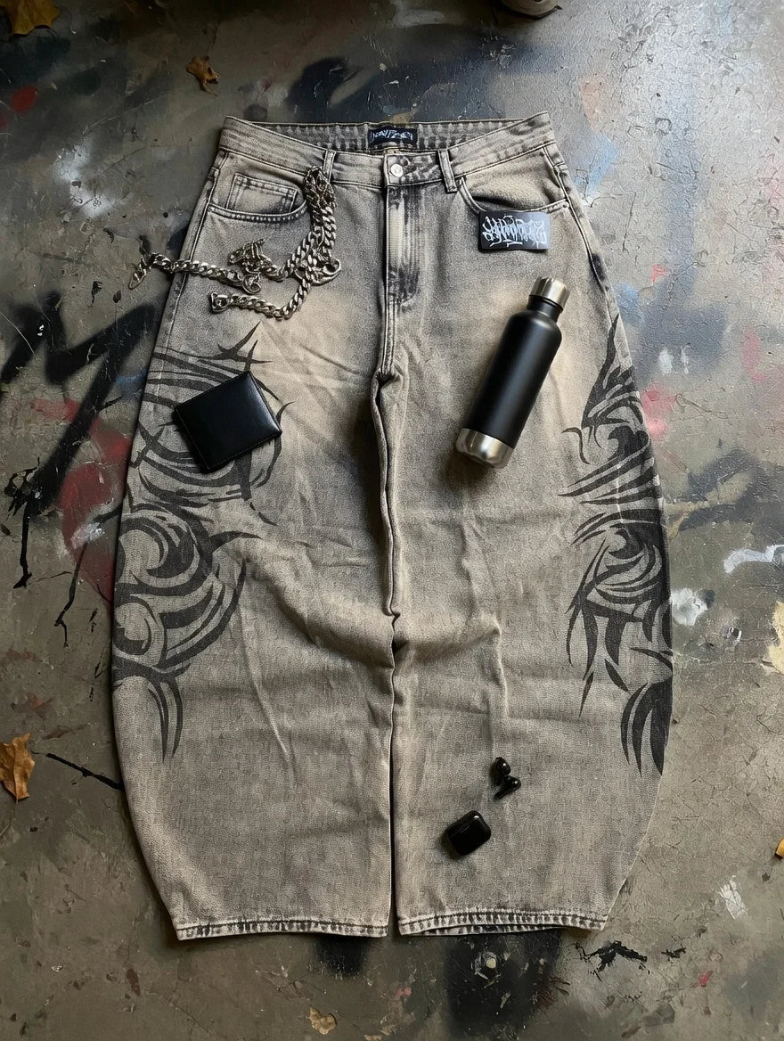 Men’s Y2K Gray Printed Loose-Fit Jeans
