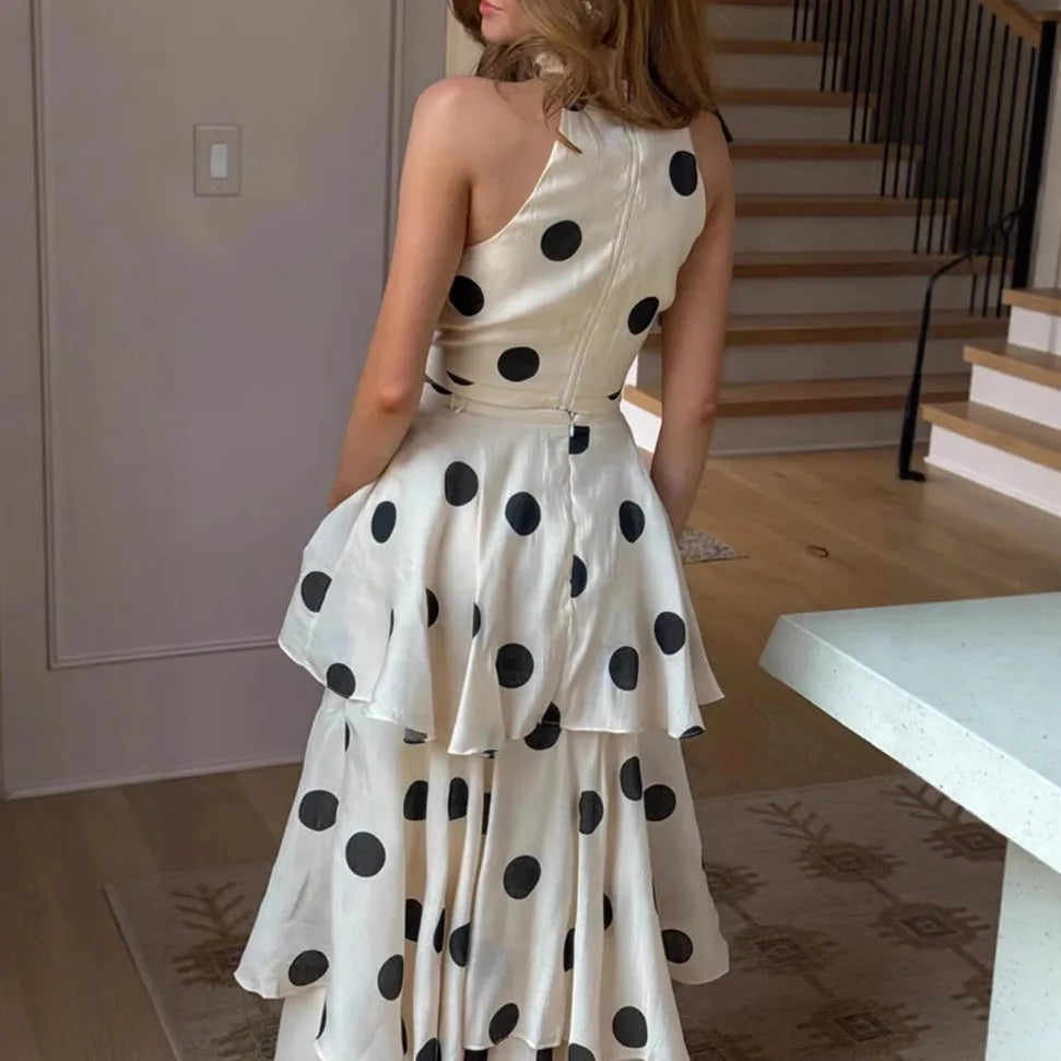 Tuularose Women Long Dress 2 Piece Elegant Polka Dot Sleeveless Top Ruffle Pleated Dress Set Luxury Party Sexy Female Dress Set