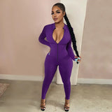 Sleek Deep-V Zip-Front Bodycon Romper – Athletic Fitness Jumpsuit