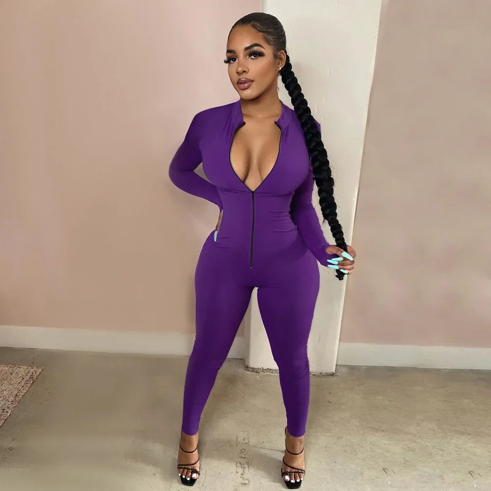 Sleek Deep-V Zip-Front Bodycon Romper – Athletic Fitness Jumpsuit