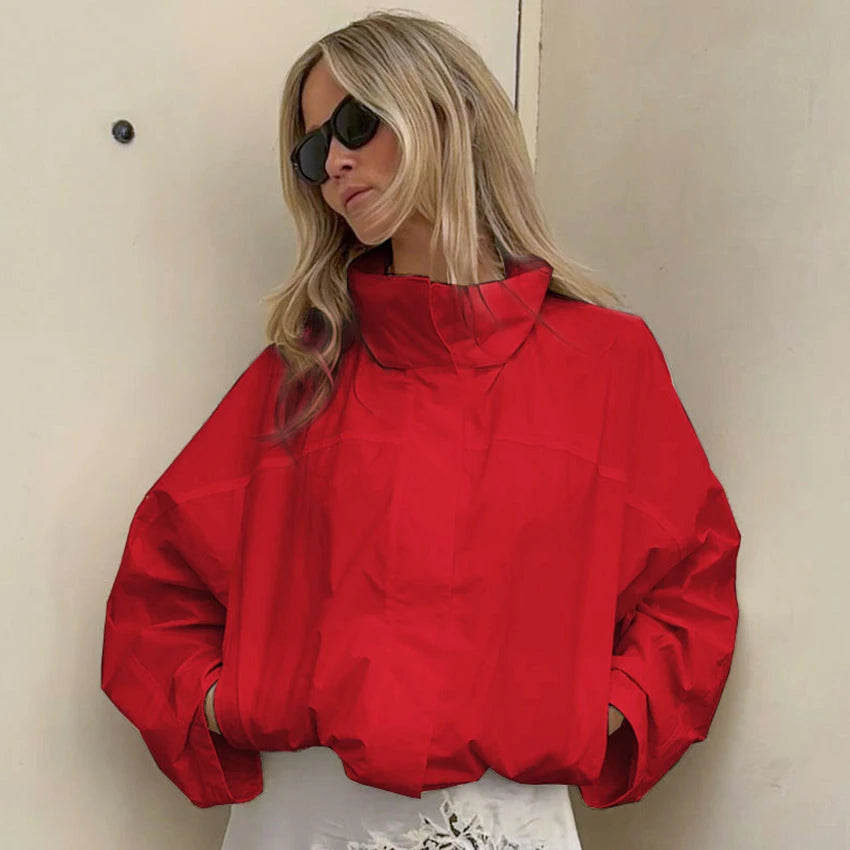 Linad Street Chic Red Turtleneck Zipper Jackets Autumn Casual Long Sleeve Outerwear Fashion Coats For Woman Tops Female 2025