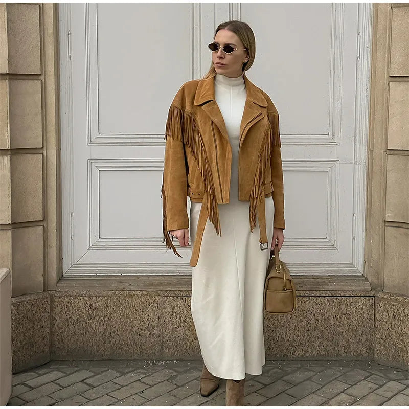 Brown Retro Suede Lapel Zippered Short Jackets Women's Casual Full Sleeves Pocket Loose Coats 2026 Spring Daily Commute Outwear