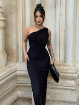 Women's One-Shoulder Sleeveless Backless Split Midi Dress