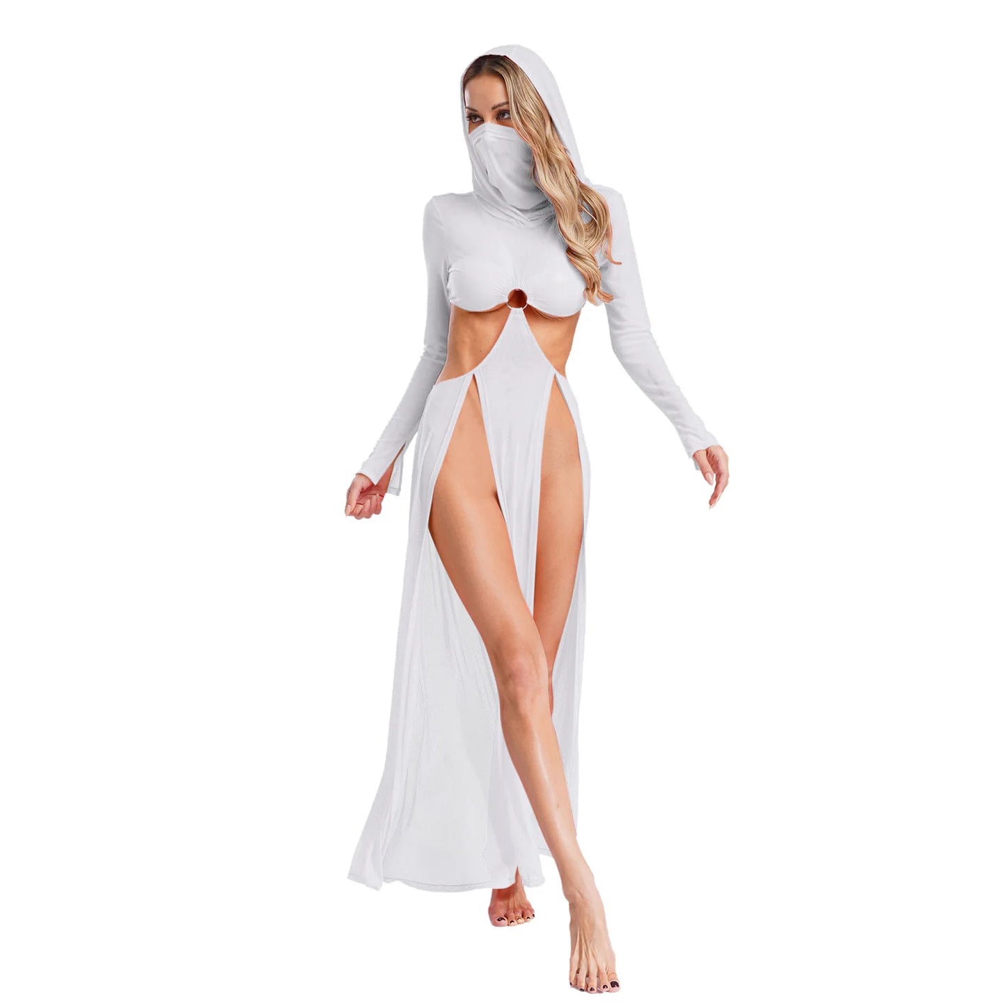 Women’s Hooded Mask Sheer Maxi Dress