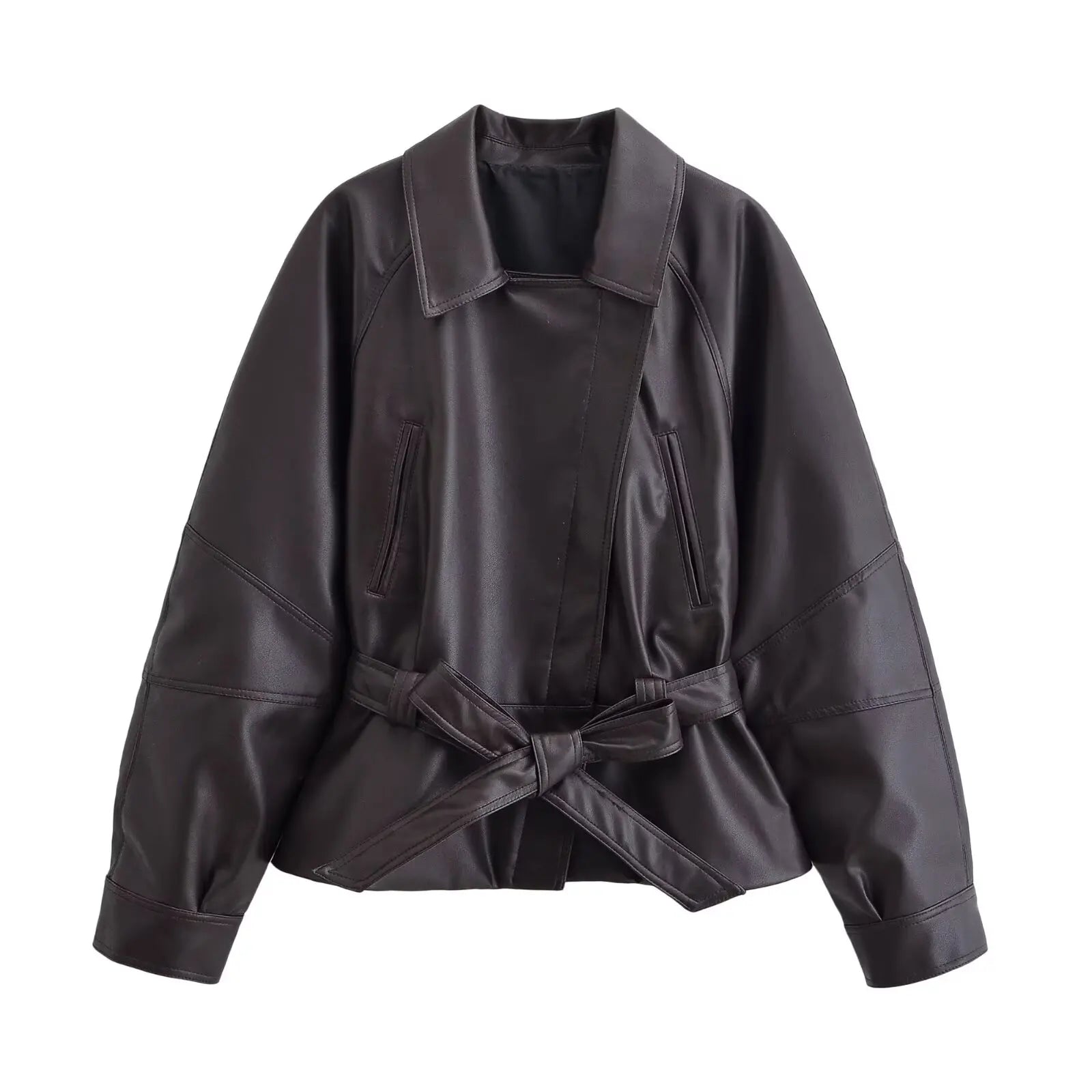 HH Women Vintage Motorcycle Jacket With Belt Faux Leather Trench Coat Long Sleeve Lapel Zipper Jacket Autumn High Street Outwear