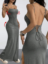 Y2K Woven Tape Split Maxi Dress