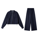 VIMLY 2 Piece Pant Set Woman Casual Outfits Women's Pant Suit 2026 Blue Stand-up Collar Jacket and Trouser Female Clothing A0119