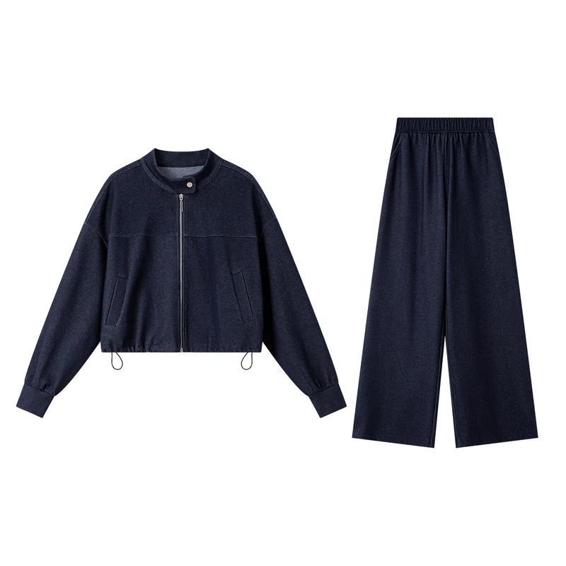 VIMLY 2 Piece Pant Set Woman Casual Outfits Women's Pant Suit 2026 Blue Stand-up Collar Jacket and Trouser Female Clothing A0119