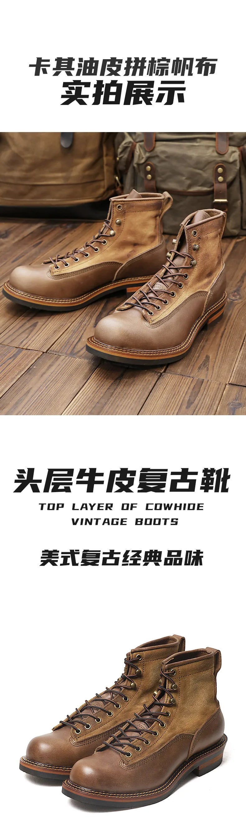 KOWM Hiking shoes men's walking boots British cowhide high top motorcycle boots ankle casual sneakers trekking shoes thick soled