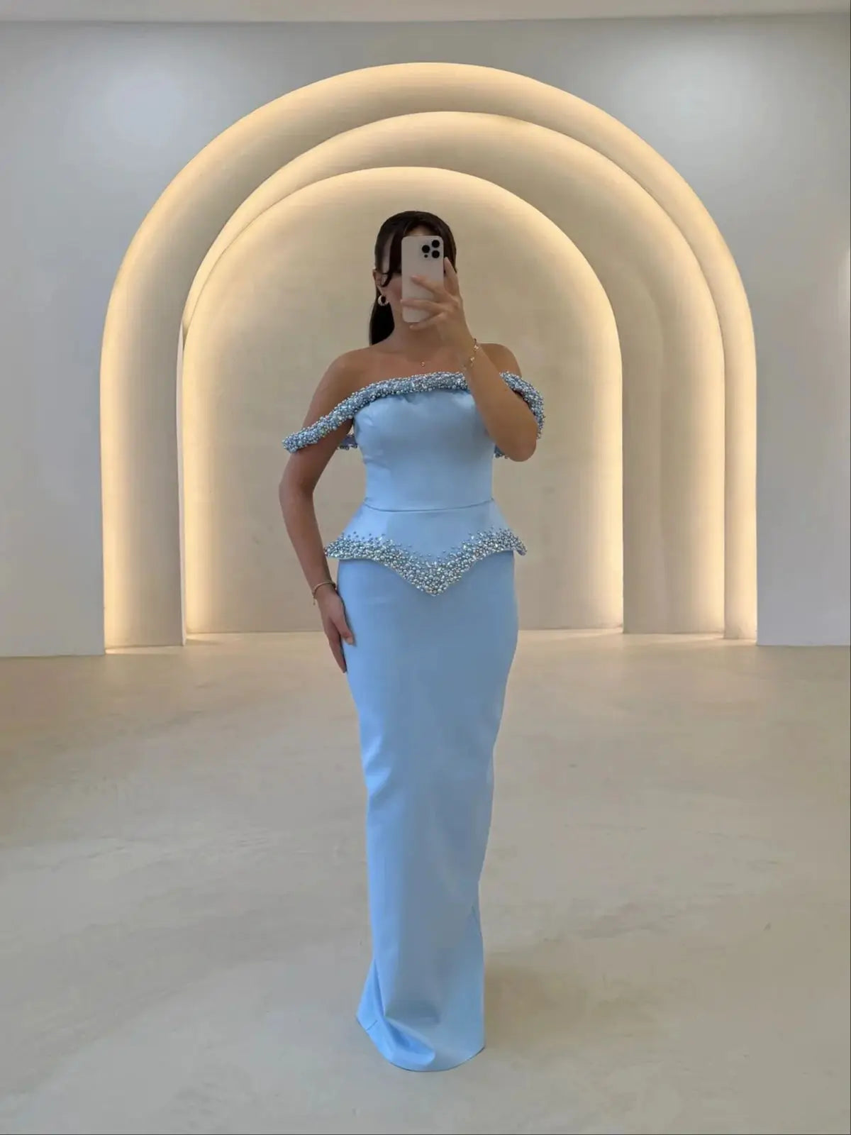 Blue Mermaid Off-Shoulder Evening Gown with Pearl Beading