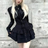 Japanese Y2K Aesthetics Vintage Bow Dress Shorts Set Women Gothic Lolita Style Long Sleeve Shirt Dress Elegant Party Dress Suits