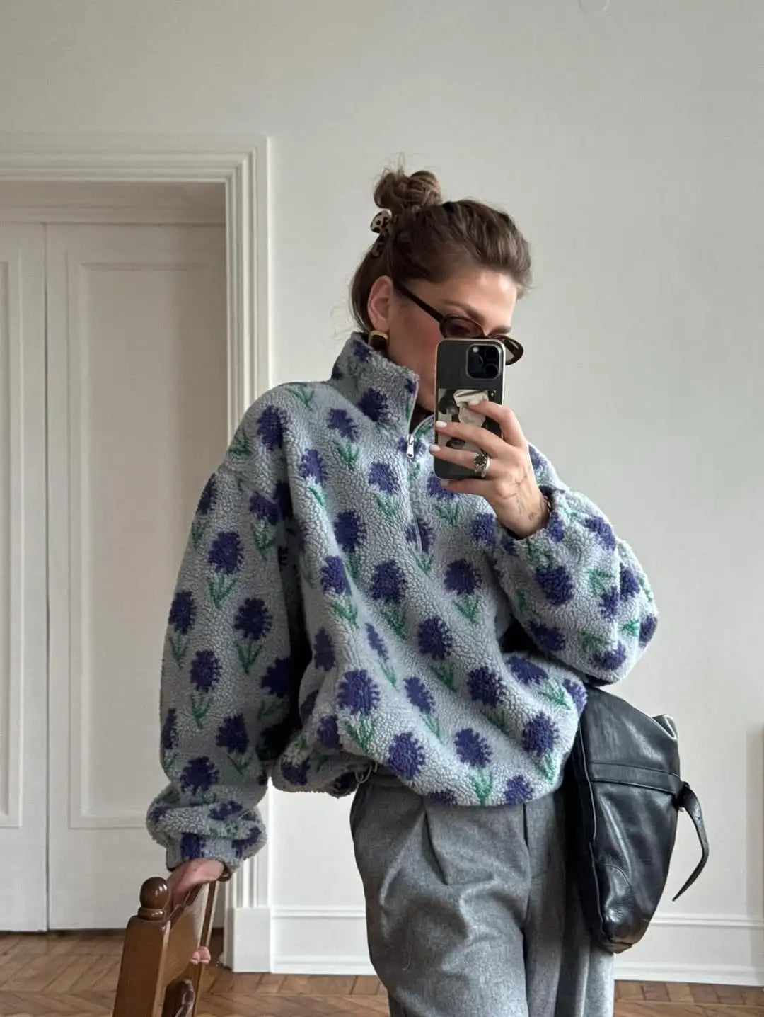 TARUXY Fleece Printing Sweatshirt Women's Half-Zip Sweatshirt Fleece Loose Turtleneck Pullover Female Winter Leisure Sweatshirt