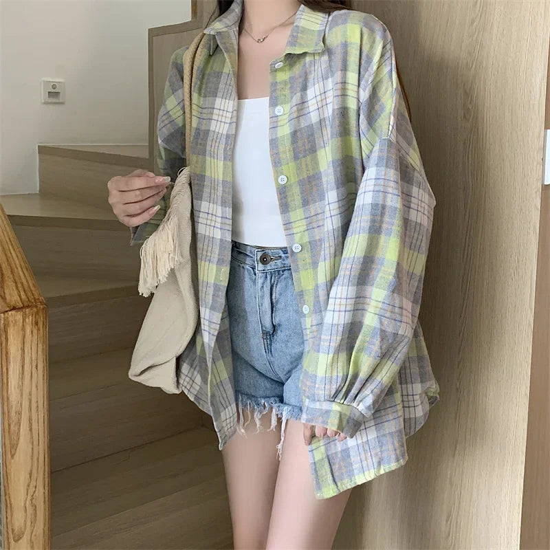Vintage Plaid Long-Sleeve Blouse
