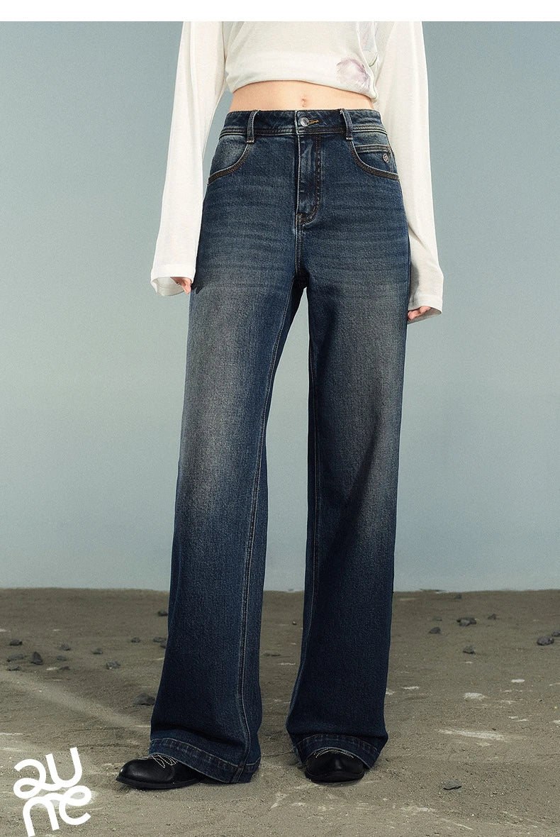TOYOUTH Women Denim Jeans 2025 Autumn New Lycra Stretch Washed Wide Leg Straight Long Pants