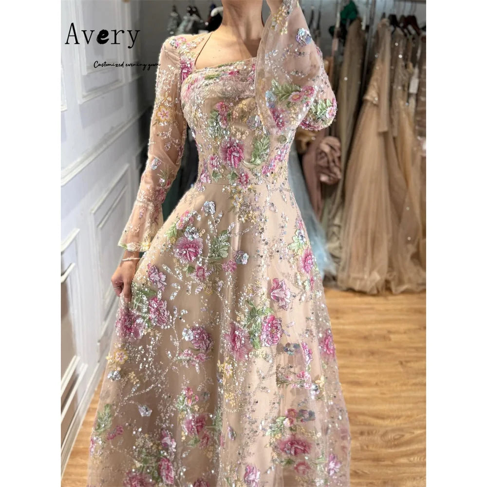 Avery Custom A-line Lace Long Sleeves Square Neck Women's Ball Gown Dresses for Luxury Party Formal Dress 2026 Woman Evening New