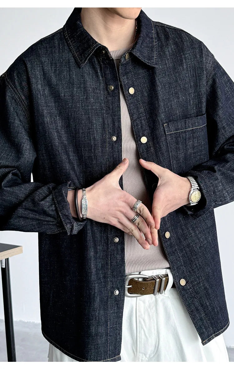Men's American Vintage Washed Raw Denim Work Shirt Loose Fit Casual Trendy Overshirt Coat Premium Lyocell Spring Fall Streetwear