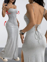Y2K Woven Tape Split Maxi Dress