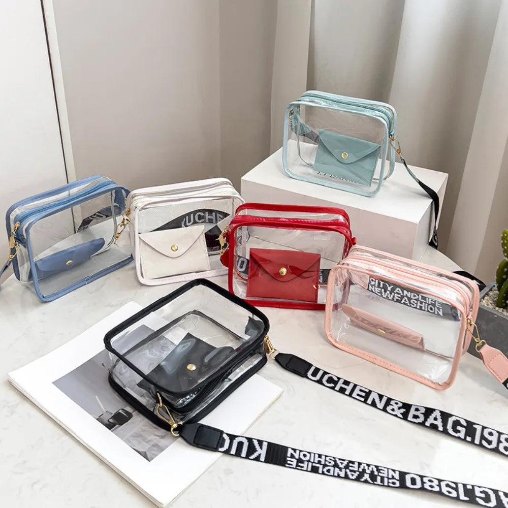 Transparent Crossbody Bag for Women Candy Color Letter Fashion Shoulder Bag PVC Transparent Jelly Bag Small Square Bag