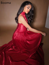 Red Satin A-Line Pleated Sleeveless Formal Gown