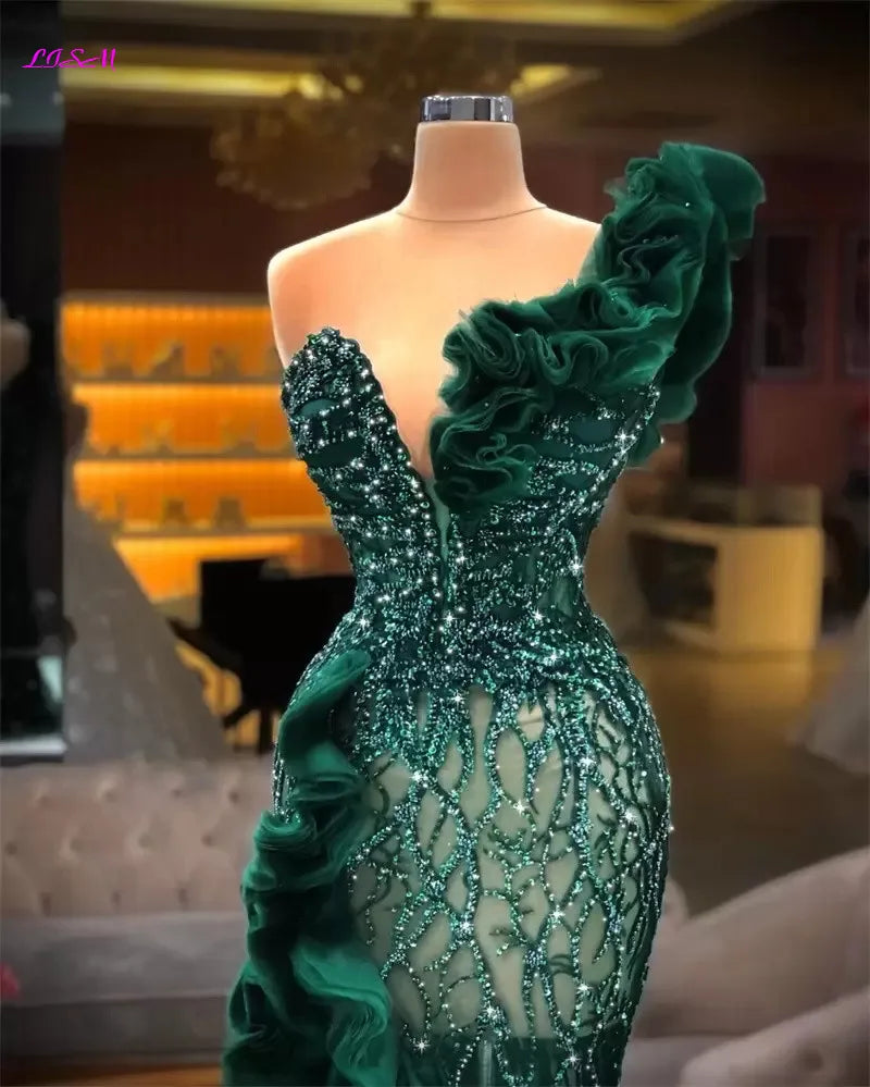 Luxury Beaded Mermaid Evening Gown with Glitter & Side Slit