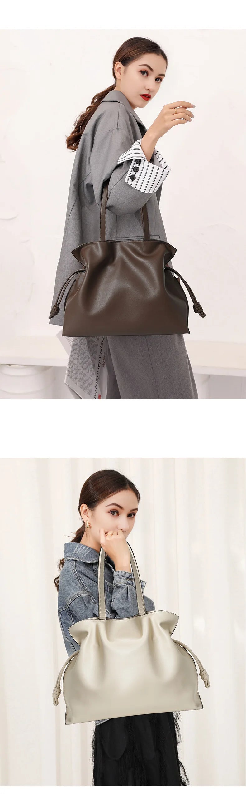 Autumn Winter High-End Leather Bucket Bag Drawstring Pleated Soft Cowhide Single Shoulder Tote Lucky Bag for Women