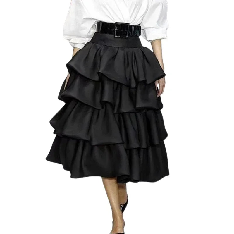 Women's Falbala Layered Elegant High-Waist A-Line Skirt - Black