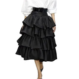 Women's Falbala Layered Elegant High-Waist A-Line Skirt - Black