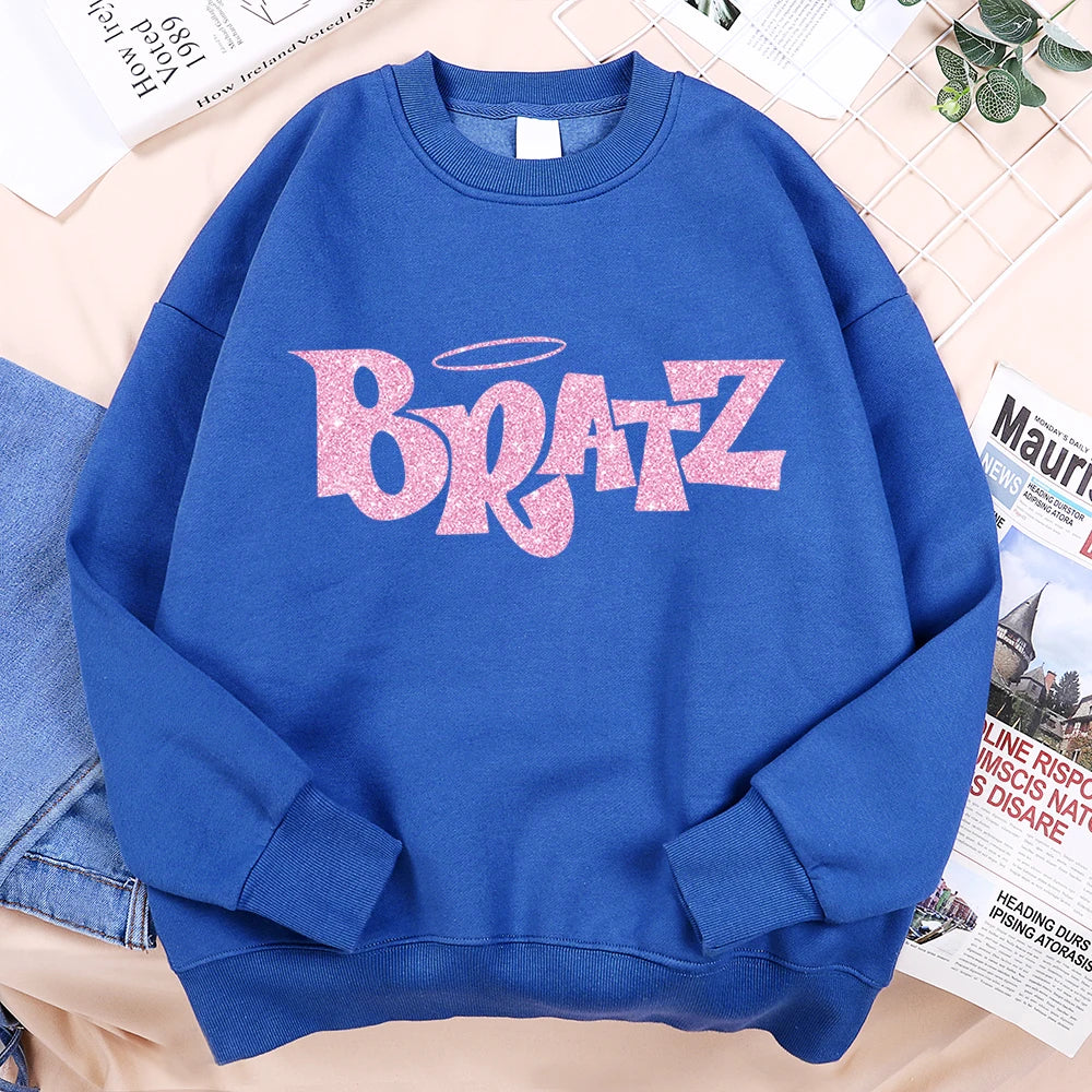 Pink Cartoon Letters Bratz Print Sweatshirts Mens Casual Fleece Clothes Creativity Warm Hoodie Autumn Loose Streetwear Pullover