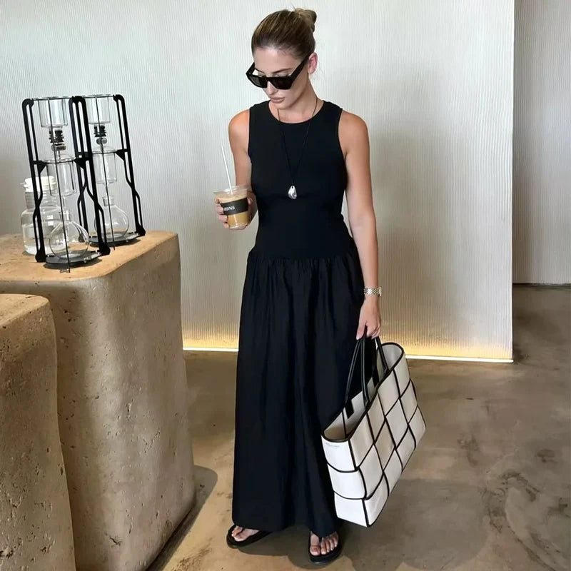 Khaki & Black Elegant Patchwork Maxi Dress – 2025 Spring Y2K Sleeveless