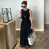 Khaki & Black Elegant Patchwork Maxi Dress – 2025 Spring Y2K Sleeveless