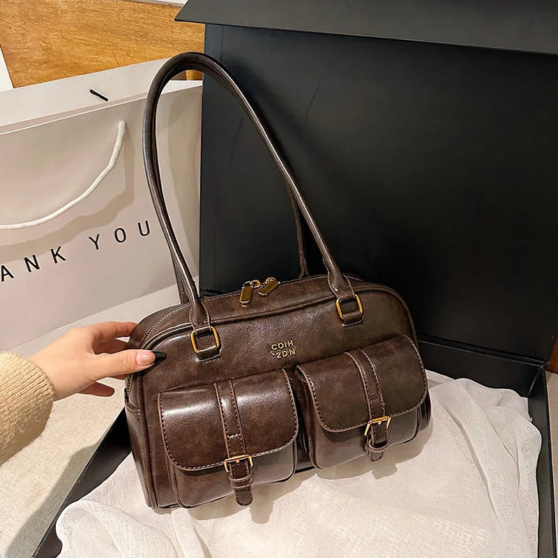 Women’s Coffee Brown Multi-Pocket Shoulder Bag | Vintage PU Leather Crossbody